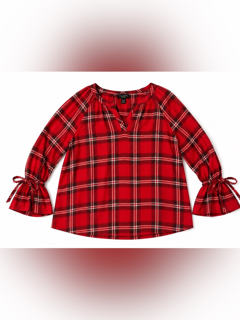 Talbots Petites Red Plaid Blouse XLP Bell Sleeve Cottagecore Holiday